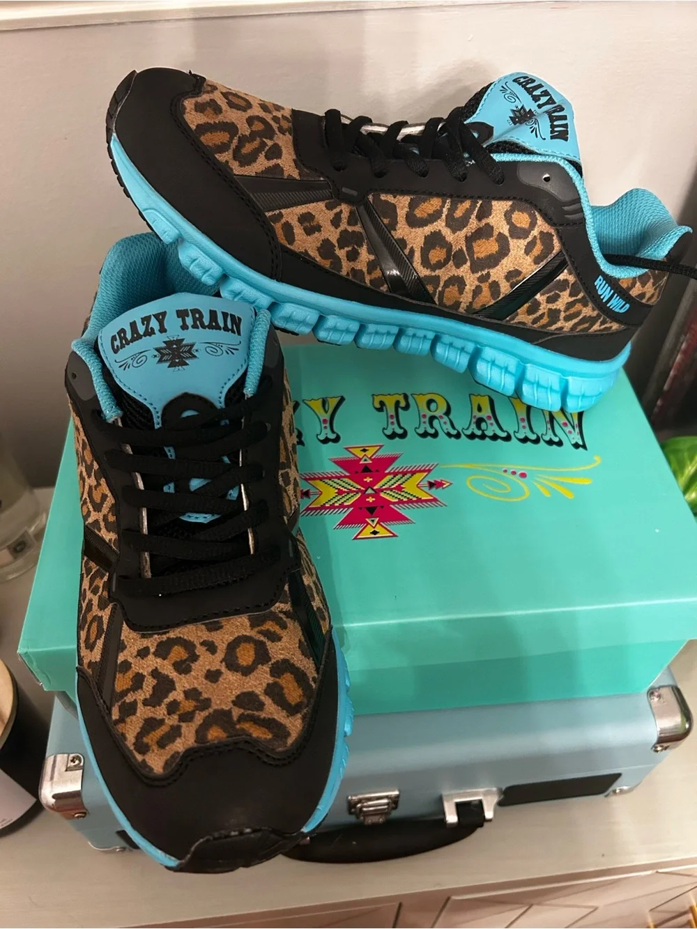 Crazy Train Leopard Print Athletic Sneakers - Black & Turquoise